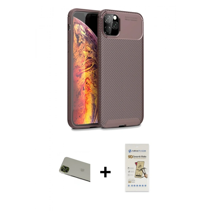 MARSİLYAN™- iPhone 11 Pro Max Kılıf Eksen Form Prime - Siyah Mat Seramik Nano Ekran Koruyucu + Rainbow Kamera Lens Koruma Cam - YL