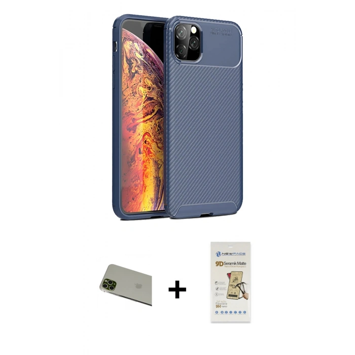 MARSİLYAN™- iPhone 11 Pro Max Kılıf Eksen Form Prime - Siyah Mat Seramik Nano Ekran Koruyucu + Rainbow Kamera Lens Koruma Cam - YL