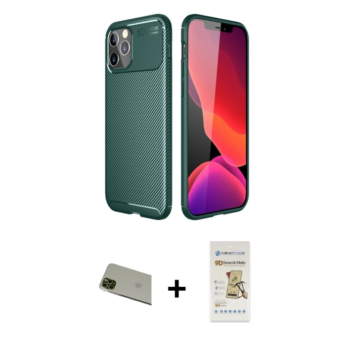 MARSİLYAN™- iPhone 11 Pro Max Kılıf Eksen Form Prime - Siyah Mat Seramik Nano Ekran Koruyucu + Rainbow Kamera Lens Koruma Cam - YL