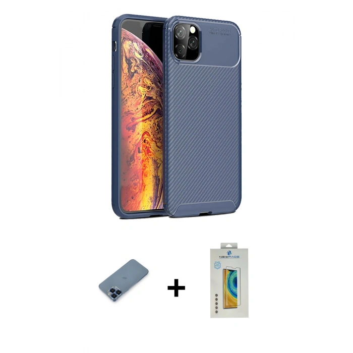 MARSİLYAN™- iPhone 11 Pro Max Kılıf Eksen Form Prime - Siyah Polymer Nano Ekran Koruyucu + Metal Kamera Lens Koruma Cam - MI