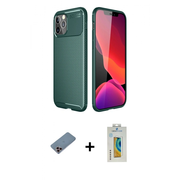 MARSİLYAN™- iPhone 11 Pro Max Kılıf Eksen Form Prime - Siyah Polymer Nano Ekran Koruyucu + Shine Kamera Lens Koruma Cam - PE