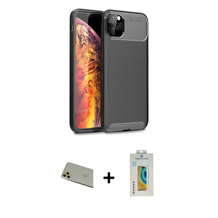 MARSİLYAN™- iPhone 11 Pro Max Kılıf Eksen Form Prime - Siyah Polymer Nano Ekran Koruyucu + Rainbow Kamera Lens Koruma Cam - GD