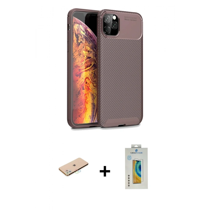 MARSİLYAN™- iPhone 11 Pro Max Kılıf Eksen Form Prime - Siyah Polymer Nano Ekran Koruyucu + Renkli Kamera Lens Koruma Cam - MI