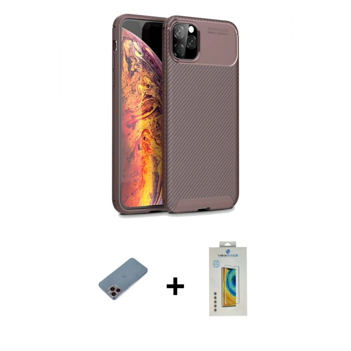 MARSİLYAN™- iPhone 11 Pro Max Kılıf Eksen Form Prime - Siyah Polymer Nano Ekran Koruyucu + Shine Kamera Lens Koruma Cam - PE