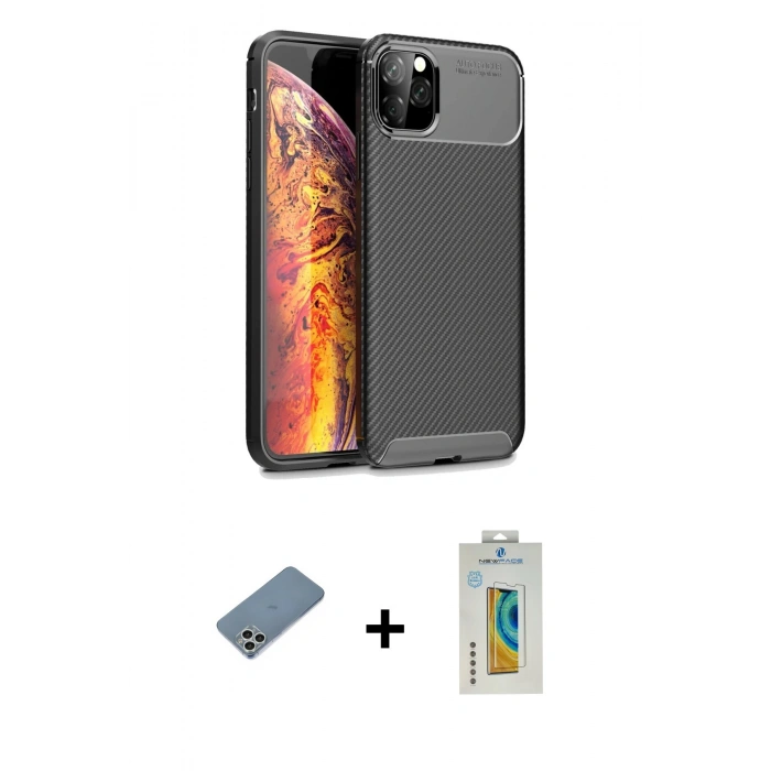 MARSİLYAN™- iPhone 11 Pro Max Kılıf Eksen Form Prime - Siyah Polymer Nano Ekran Koruyucu + Shine Kamera Lens Koruma Cam - GS