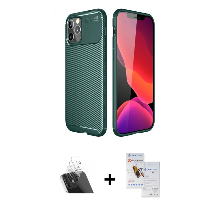 MARSİLYAN™- iPhone 11 Pro Max Kılıf Eksen Form Prime - Siyah Seramik Nano Ekran Koruyucu + Kamera Lens Koruma Cam - SF