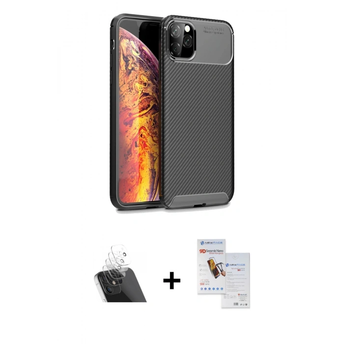 MARSİLYAN™- iPhone 11 Pro Max Kılıf Eksen Form Prime - Siyah Seramik Nano Ekran Koruyucu + Kamera Lens Koruma Cam - SF