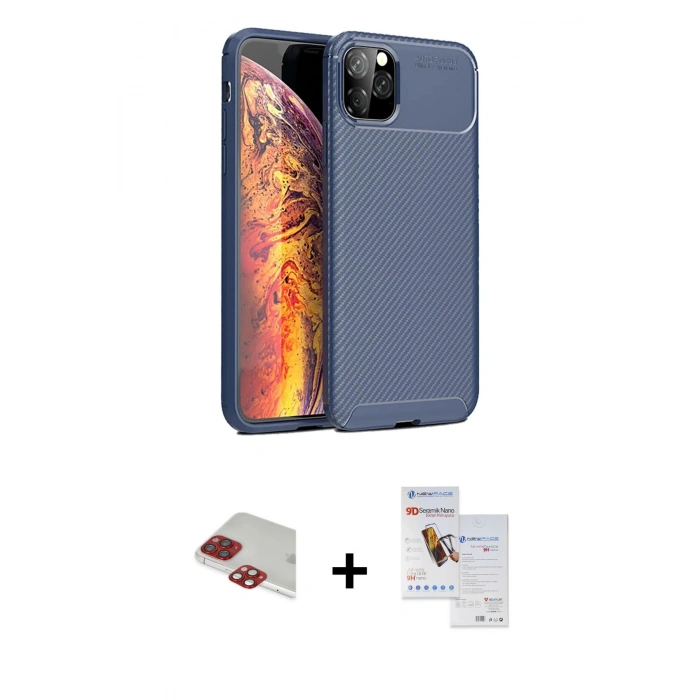 MARSİLYAN™- iPhone 11 Pro Max Kılıf Eksen Form Prime - Siyah Seramik Nano Ekran Koruyucu + Kırmızı Pers Alüminyum Kamera Lens