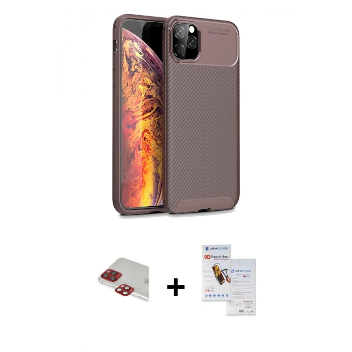 MARSİLYAN™- iPhone 11 Pro Max Kılıf Eksen Form Prime - Siyah Seramik Nano Ekran Koruyucu + Kırmızı Pers Alüminyum Kamera Lens