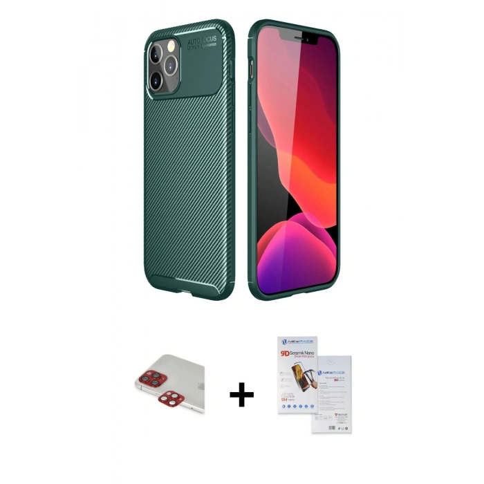 MARSİLYAN™- iPhone 11 Pro Max Kılıf Eksen Form Prime - Siyah Seramik Nano Ekran Koruyucu + Kırmızı Pers Alüminyum Kamera Lens