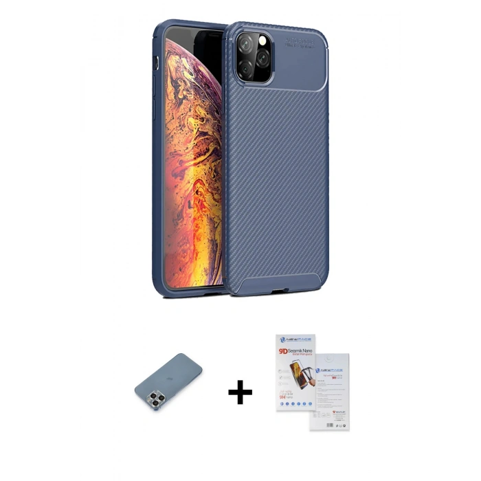 MARSİLYAN™- iPhone 11 Pro Max Kılıf Eksen Form Prime - Siyah Seramik Nano Ekran Koruyucu + Metal Kamera Lens Koruma Cam - GS