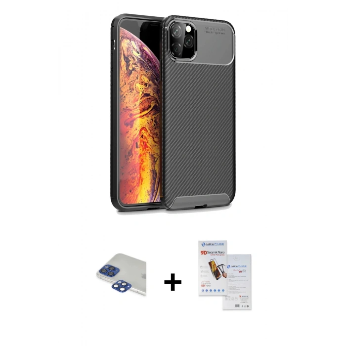 MARSİLYAN™- iPhone 11 Pro Max Kılıf Eksen Form Prime - Siyah Seramik Nano Ekran Koruyucu + Pers Alüminyum Kamera Lens - LT