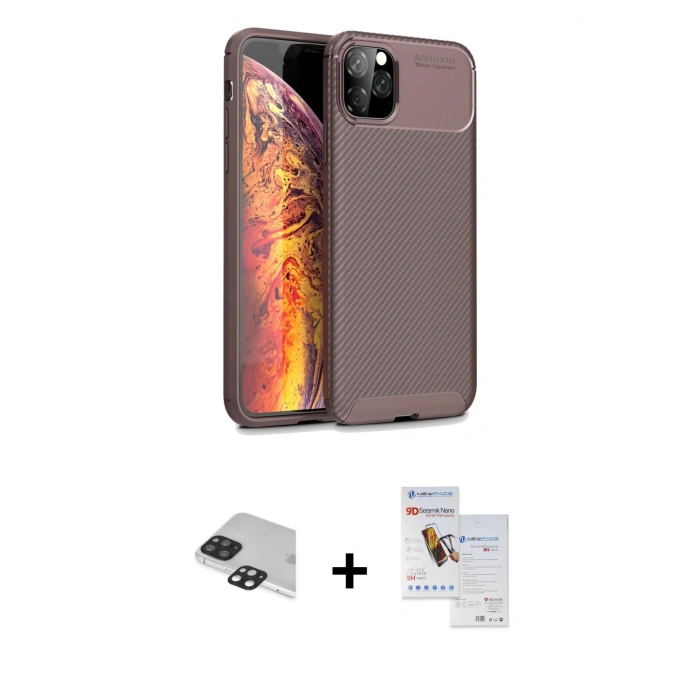 MARSİLYAN™- iPhone 11 Pro Max Kılıf Eksen Form Prime - Siyah Seramik Nano Ekran Koruyucu + Pers Alüminyum Kamera Lens - SH