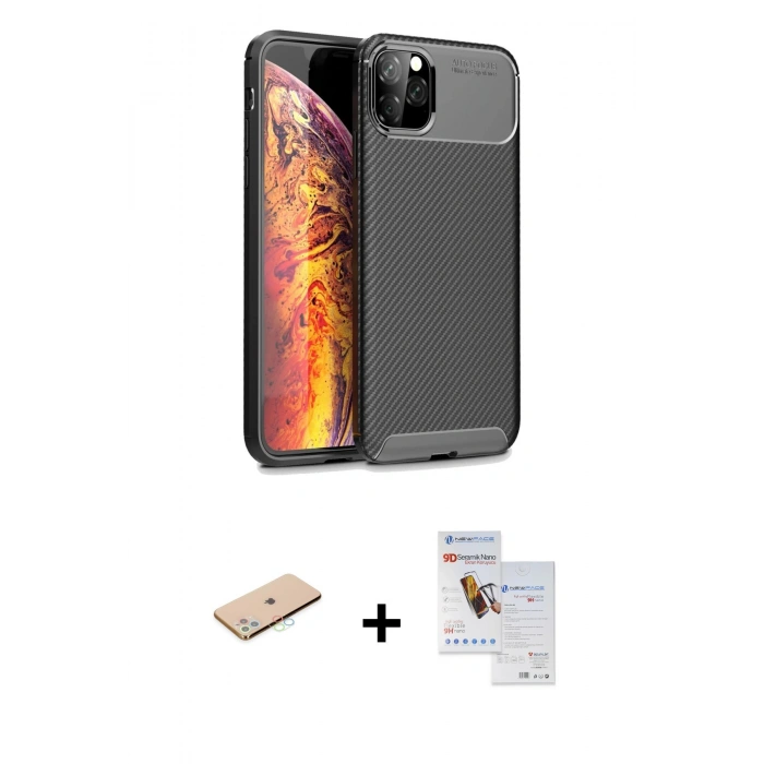MARSİLYAN™- iPhone 11 Pro Max Kılıf Eksen Form Prime - Siyah Seramik Nano Ekran Koruyucu + Renkli Kamera Lens Koruma Cam - MI