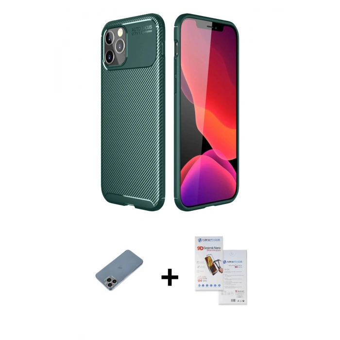 MARSİLYAN™- iPhone 11 Pro Max Kılıf Eksen Form Prime - Siyah Seramik Nano Ekran Koruyucu + Shine Kamera Lens Koruma Cam - GI