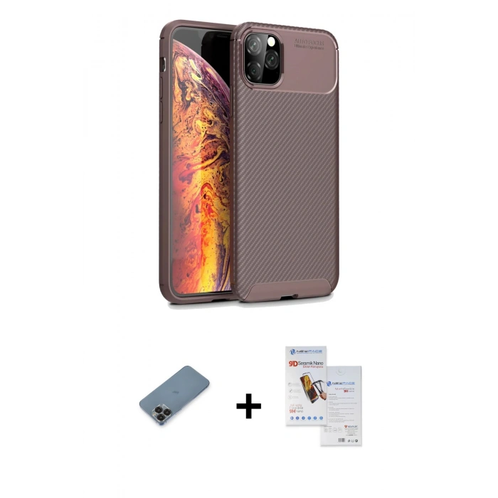 MARSİLYAN™- iPhone 11 Pro Max Kılıf Eksen Form Prime - Siyah Seramik Nano Ekran Koruyucu + Metal Kamera Lens Koruma Cam - SH