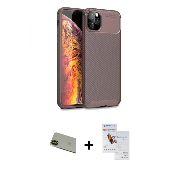 MARSİLYAN™- iPhone 11 Pro Max Kılıf Eksen Form Prime - Siyah Seramik Nano Ekran Koruyucu + Rainbow Kamera Lens Koruma Cam - YL