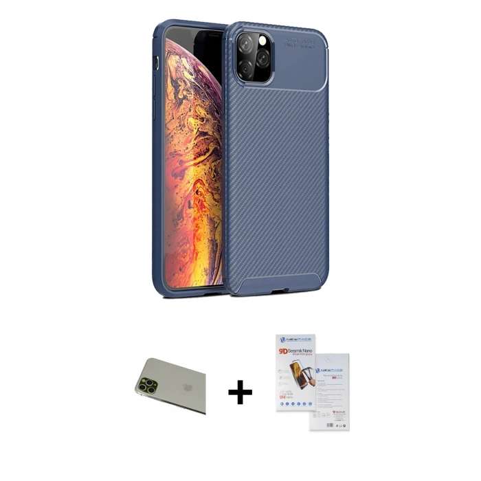 MARSİLYAN™- iPhone 11 Pro Max Kılıf Eksen Form Prime - Siyah Seramik Nano Ekran Koruyucu + Rainbow Kamera Lens Koruma Cam - YL