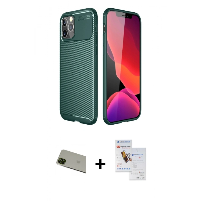MARSİLYAN™- iPhone 11 Pro Max Kılıf Eksen Form Prime - Siyah Seramik Nano Ekran Koruyucu + Rainbow Kamera Lens Koruma Cam - YL