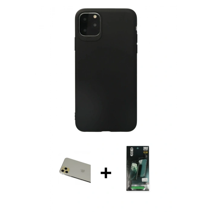 MARSİLYAN™- iPhone 11 Pro Max Kılıf Kozmos Yansıma Özel Seri - Siyah 360 Mat Full Body Arka Koruyucu + Gold Rainbow Kamera Lens Koruma Cam