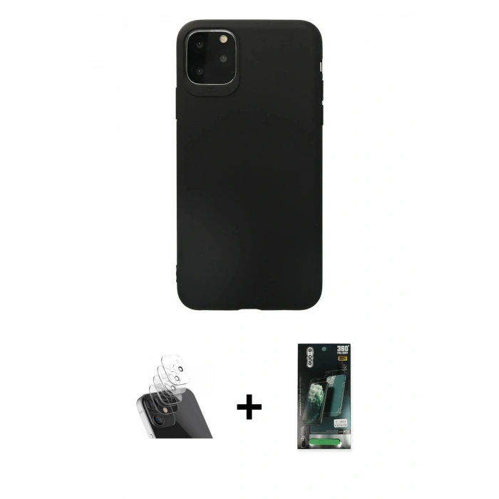 MARSİLYAN™- iPhone 11 Pro Max Kılıf Kozmos Yansıma Özel Seri - Siyah 360 Mat Full Body Arka Koruyucu + Kamera Lens Koruma Cam - SF