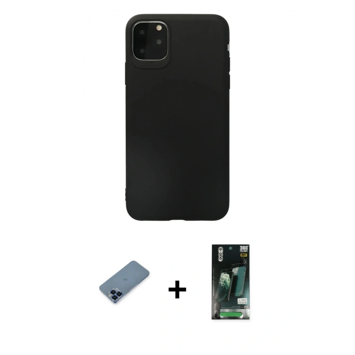 MARSİLYAN™- iPhone 11 Pro Max Kılıf Kozmos Yansıma Özel Seri - Siyah 360 Mat Full Body Arka Koruyucu + Mavi Metal Kamera Lens Koruma Cam