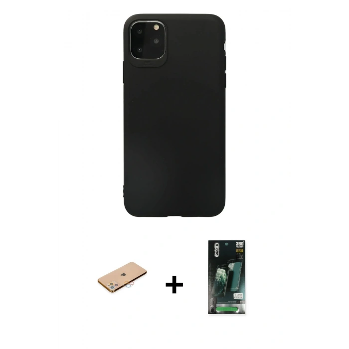 MARSİLYAN™- iPhone 11 Pro Max Kılıf Kozmos Yansıma Özel Seri - Siyah 360 Mat Full Body Arka Koruyucu + Renkli Kamera Lens Koruma Cam - PE