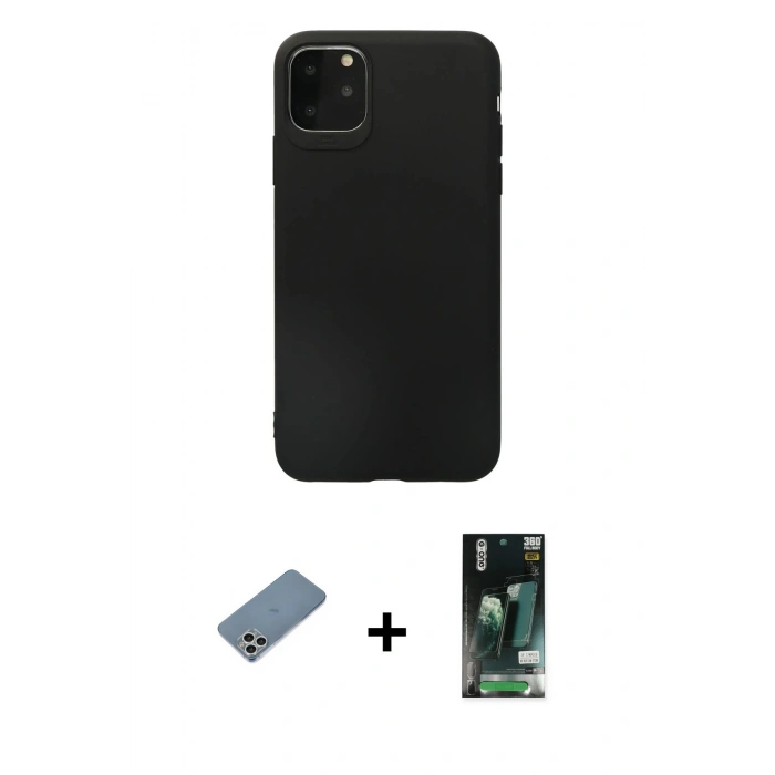 MARSİLYAN™- iPhone 11 Pro Max Kılıf Kozmos Yansıma Özel Seri - Siyah 360 Mat Full Body Arka Koruyucu + Shine Kamera Lens Koruma Cam - GS
