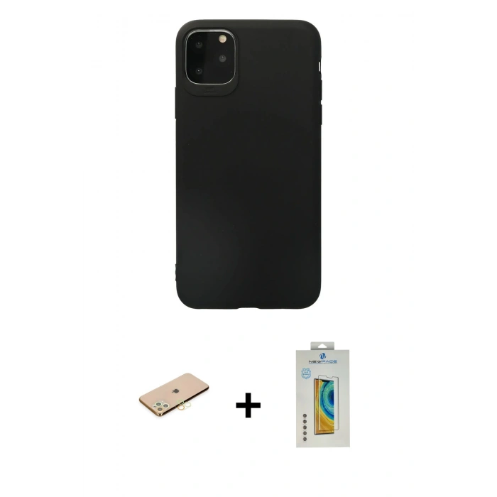 MARSİLYAN™- iPhone 11 Pro Max Kılıf Kozmos Yansıma Özel Seri - Siyah Polymer Nano Ekran Koruyucu + Sarı Renkli Kamera Lens Koruma Cam