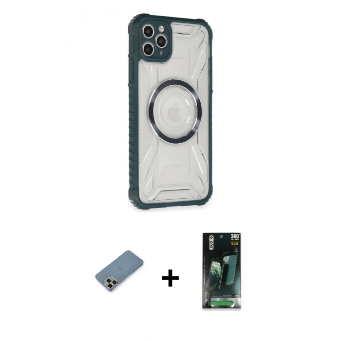 MARSİLYAN™- iPhone 11 Pro Max Kılıf Kutup Modern - Şeffaf 360 Full Body Arka Koruyucu + Metal Kamera Lens Koruma Cam - AKYL
