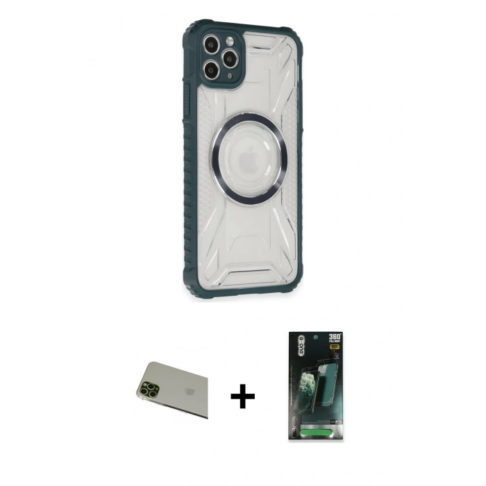 MARSİLYAN™- iPhone 11 Pro Max Kılıf Kutup Modern - Şeffaf 360 Full Body Arka Koruyucu + Rainbow Kamera Lens Koruma Cam - YL