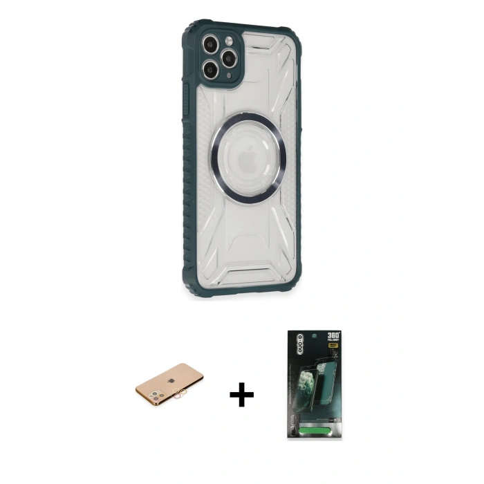 MARSİLYAN™- iPhone 11 Pro Max Kılıf Kutup Modern - Şeffaf 360 Full Body Arka Koruyucu + Renkli Kamera Lens Koruma Cam - TU