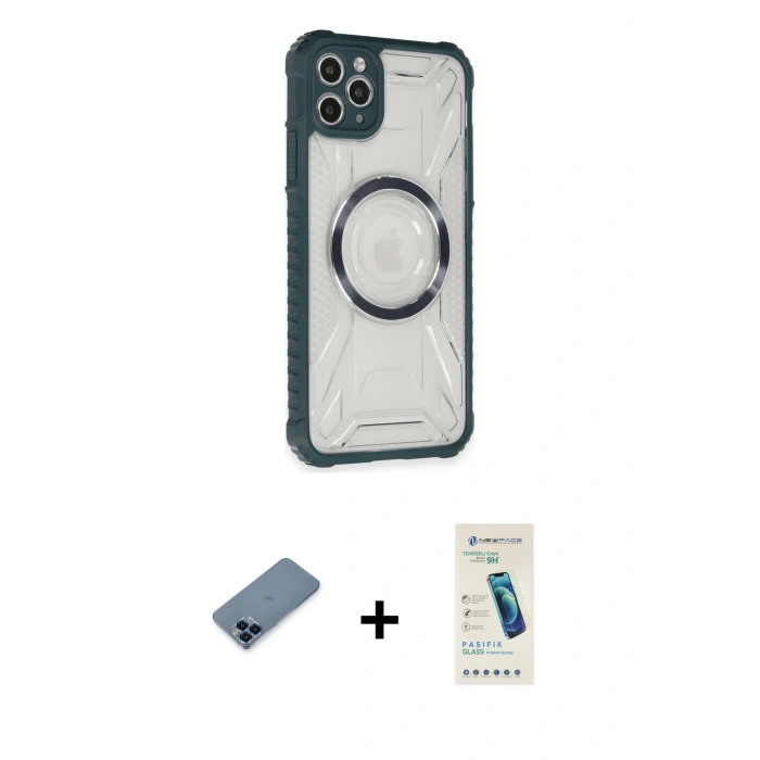 MARSİLYAN™- iPhone 11 Pro Max Kılıf Kutup Modern - Şeffaf Pasifik Cam Ekran Koruyucu + Mavi Metal Kamera Lens Koruma Cam