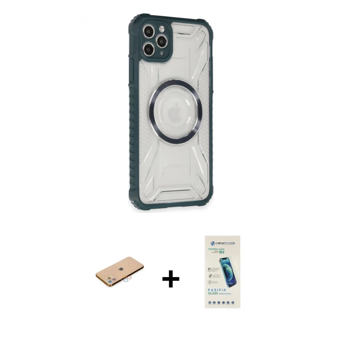 MARSİLYAN™- iPhone 11 Pro Max Kılıf Kutup Modern - Şeffaf Pasifik Cam Ekran Koruyucu + Renkli Kamera Lens Koruma Cam - PE