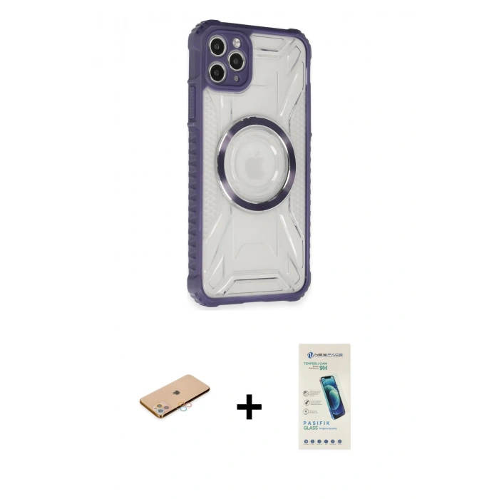 MARSİLYAN™- iPhone 11 Pro Max Kılıf Kutup Modern - Şeffaf Pasifik Cam Ekran Koruyucu + Renkli Kamera Lens Koruma Cam - PE