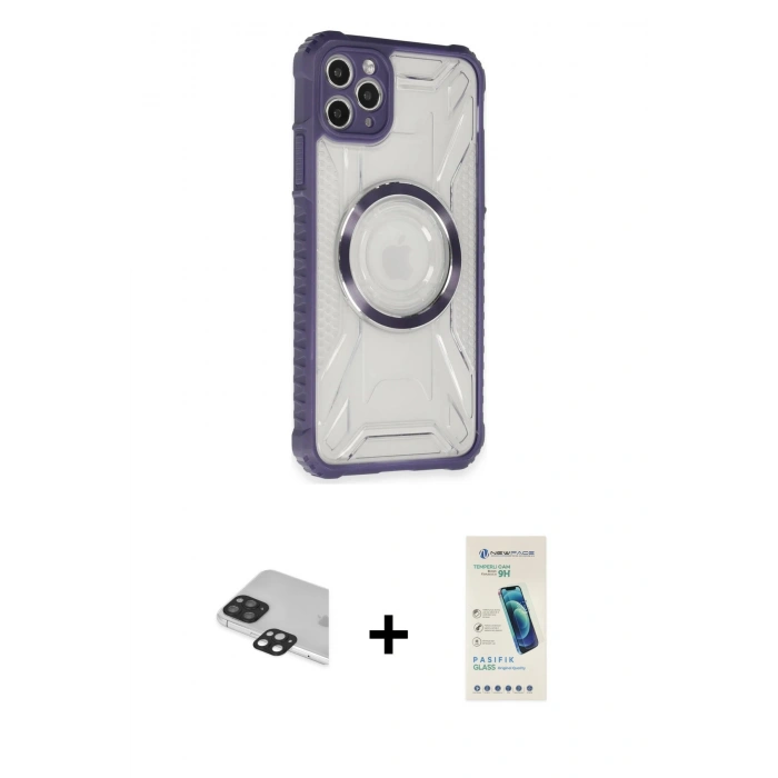 MARSİLYAN™- iPhone 11 Pro Max Kılıf Kutup Modern - Şeffaf Pasifik Cam Ekran Koruyucu + Pers Alüminyum Kamera Lens - SH