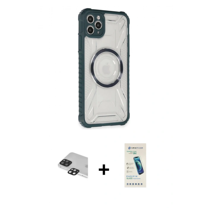 MARSİLYAN™- iPhone 11 Pro Max Kılıf Kutup Modern - Şeffaf Pasifik Cam Ekran Koruyucu + Pers Alüminyum Kamera Lens - SH
