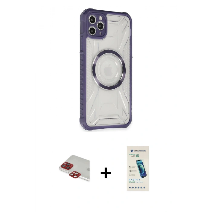 MARSİLYAN™- iPhone 11 Pro Max Kılıf Kutup Modern - Şeffaf Pasifik Cam Ekran Koruyucu + Pers Alüminyum Kamera Lens - KI