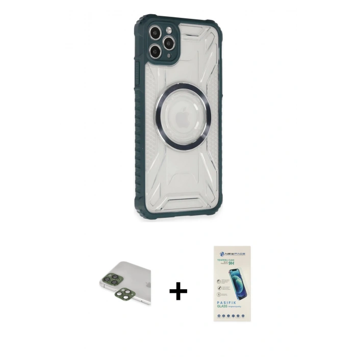 MARSİLYAN™- iPhone 11 Pro Max Kılıf Kutup Modern - Şeffaf Pasifik Cam Ekran Koruyucu + Pers Alüminyum Kamera Lens - YL