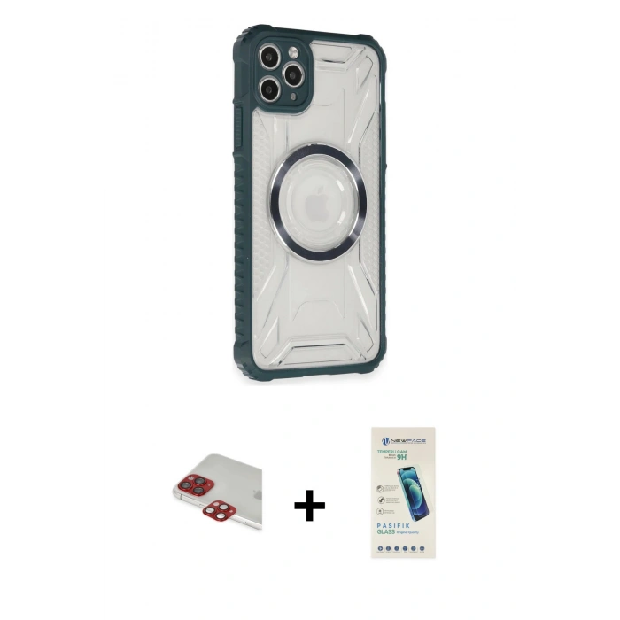MARSİLYAN™- iPhone 11 Pro Max Kılıf Kutup Modern - Şeffaf Pasifik Cam Ekran Koruyucu + Pers Alüminyum Kamera Lens - KI