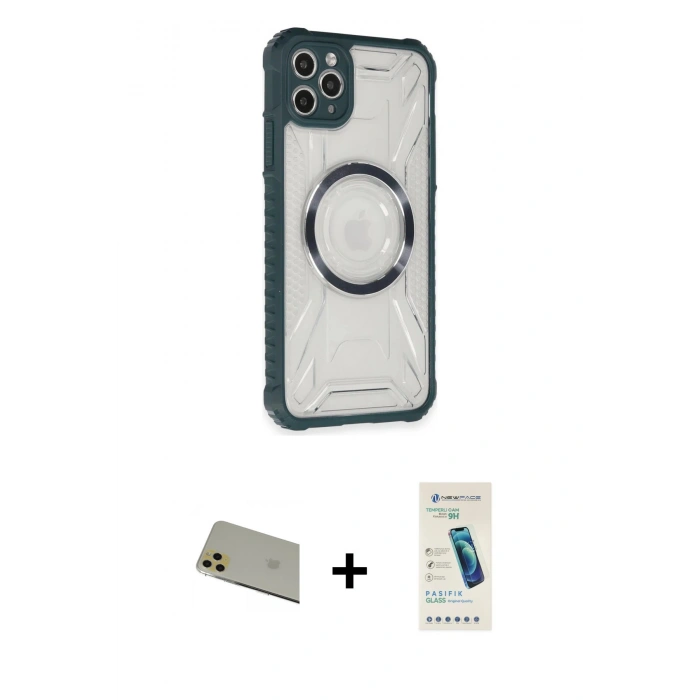 MARSİLYAN™- iPhone 11 Pro Max Kılıf Kutup Modern - Şeffaf Pasifik Cam Ekran Koruyucu + Rainbow Kamera Lens Koruma Cam - GD