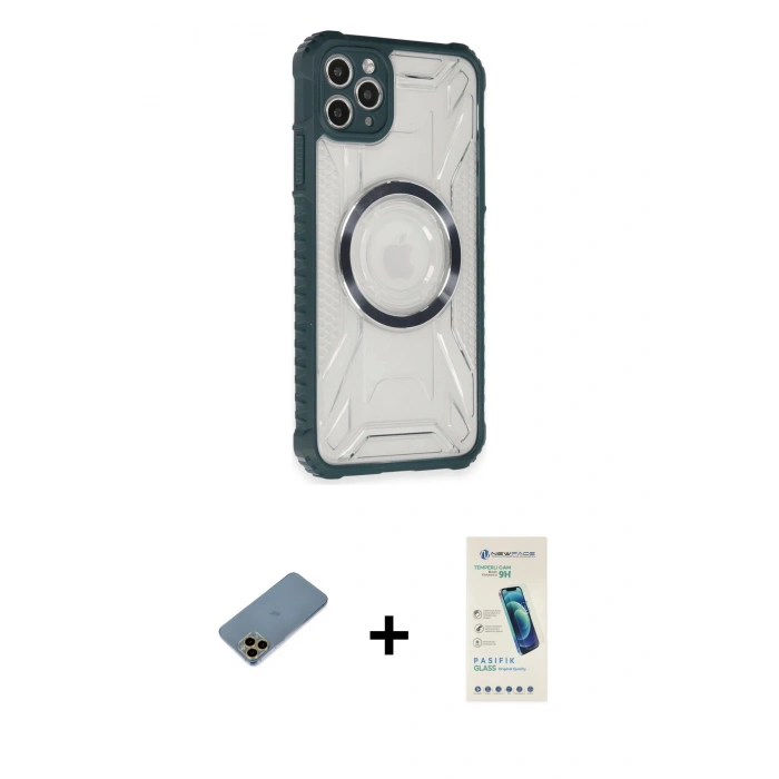 MARSİLYAN™- iPhone 11 Pro Max Kılıf Kutup Modern - Şeffaf Pasifik Cam Ekran Koruyucu + Shine Kamera Lens Koruma Cam - GD