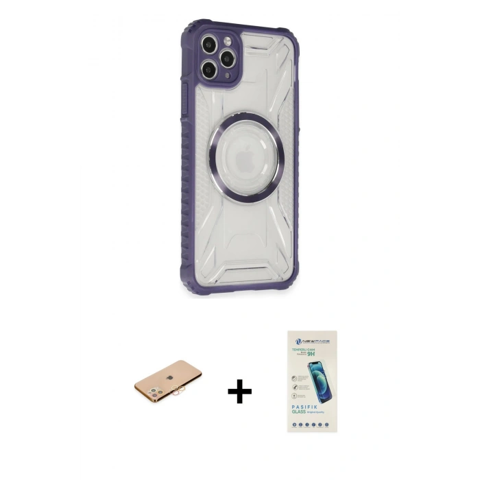 MARSİLYAN™- iPhone 11 Pro Max Kılıf Kutup Modern - Şeffaf Pasifik Cam Ekran Koruyucu + Renkli Kamera Lens Koruma Cam - TU