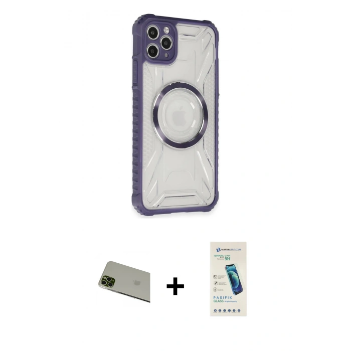 MARSİLYAN™- iPhone 11 Pro Max Kılıf Kutup Modern - Şeffaf Pasifik Cam Ekran Koruyucu + Yeşil Rainbow Kamera Lens Koruma Cam