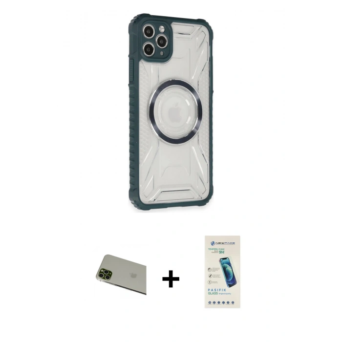MARSİLYAN™- iPhone 11 Pro Max Kılıf Kutup Modern - Şeffaf Pasifik Cam Ekran Koruyucu + Yeşil Rainbow Kamera Lens Koruma Cam