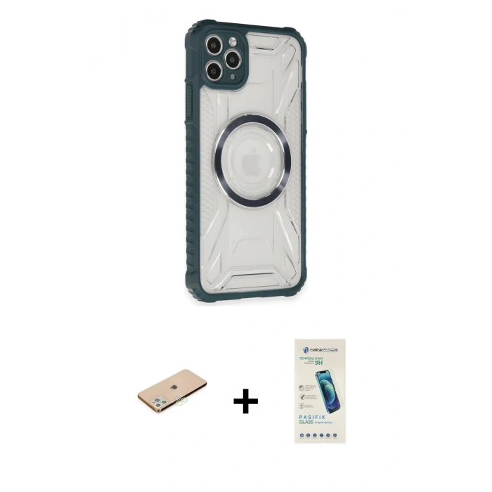 MARSİLYAN™- iPhone 11 Pro Max Kılıf Kutup Modern - Şeffaf Pasifik Cam Ekran Koruyucu + Renkli Kamera Lens Koruma Cam - YL