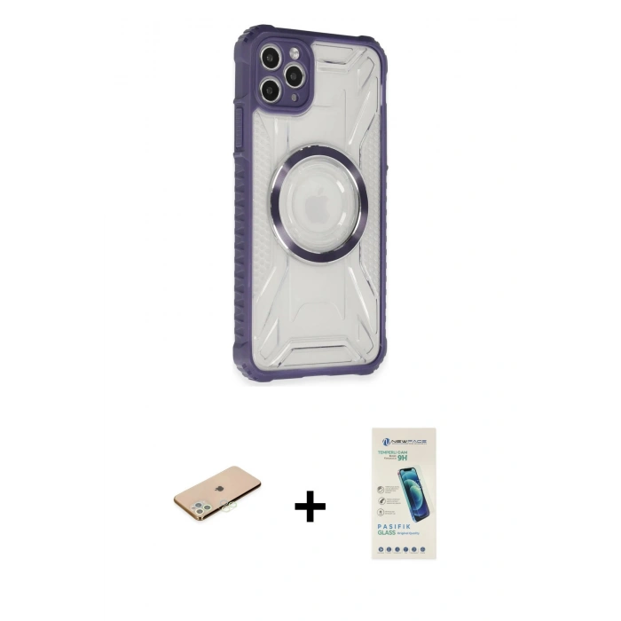 MARSİLYAN™- iPhone 11 Pro Max Kılıf Kutup Modern - Şeffaf Pasifik Cam Ekran Koruyucu + Renkli Kamera Lens Koruma Cam - YL