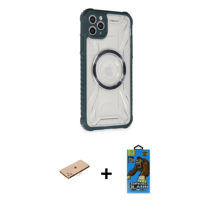 MARSİLYAN™- iPhone 11 Pro Max Kılıf Kutup Modern - Siyah 18D Cam Ekran Koruyucu + Renkli Kamera Lens Koruma Cam - PE