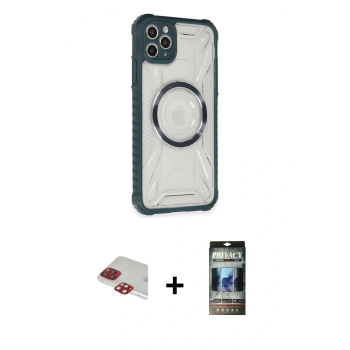 MARSİLYAN™- iPhone 11 Pro Max Kılıf Kutup Modern - Siyah 34D Hayalet Izgaralı Cam + Pers Alüminyum Kamera Lens - KI
