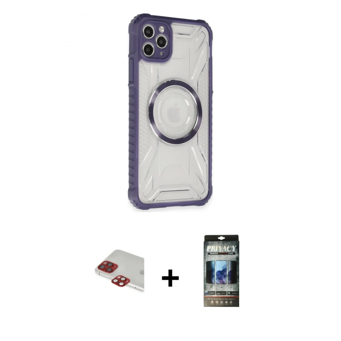 MARSİLYAN™- iPhone 11 Pro Max Kılıf Kutup Modern - Siyah 34D Hayalet Izgaralı Cam + Pers Alüminyum Kamera Lens - KI